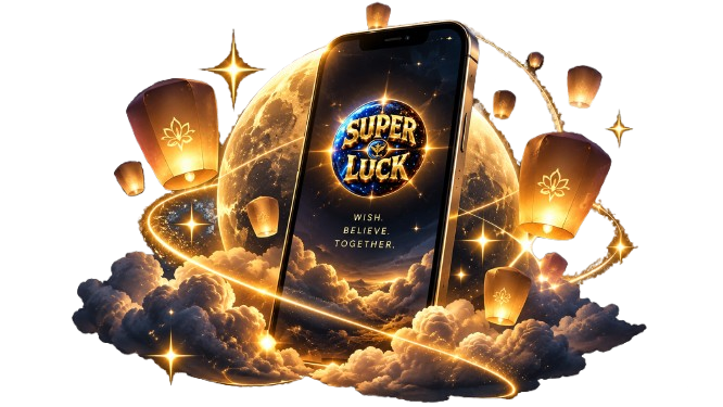 Super Luck app surrounded by golden lights and clouds